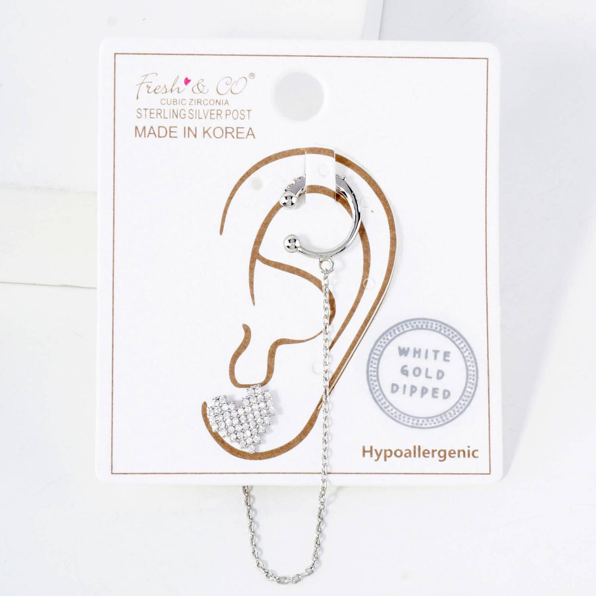 Pixel Heart Stud and Ear Cuff Drape Chain Earring Set