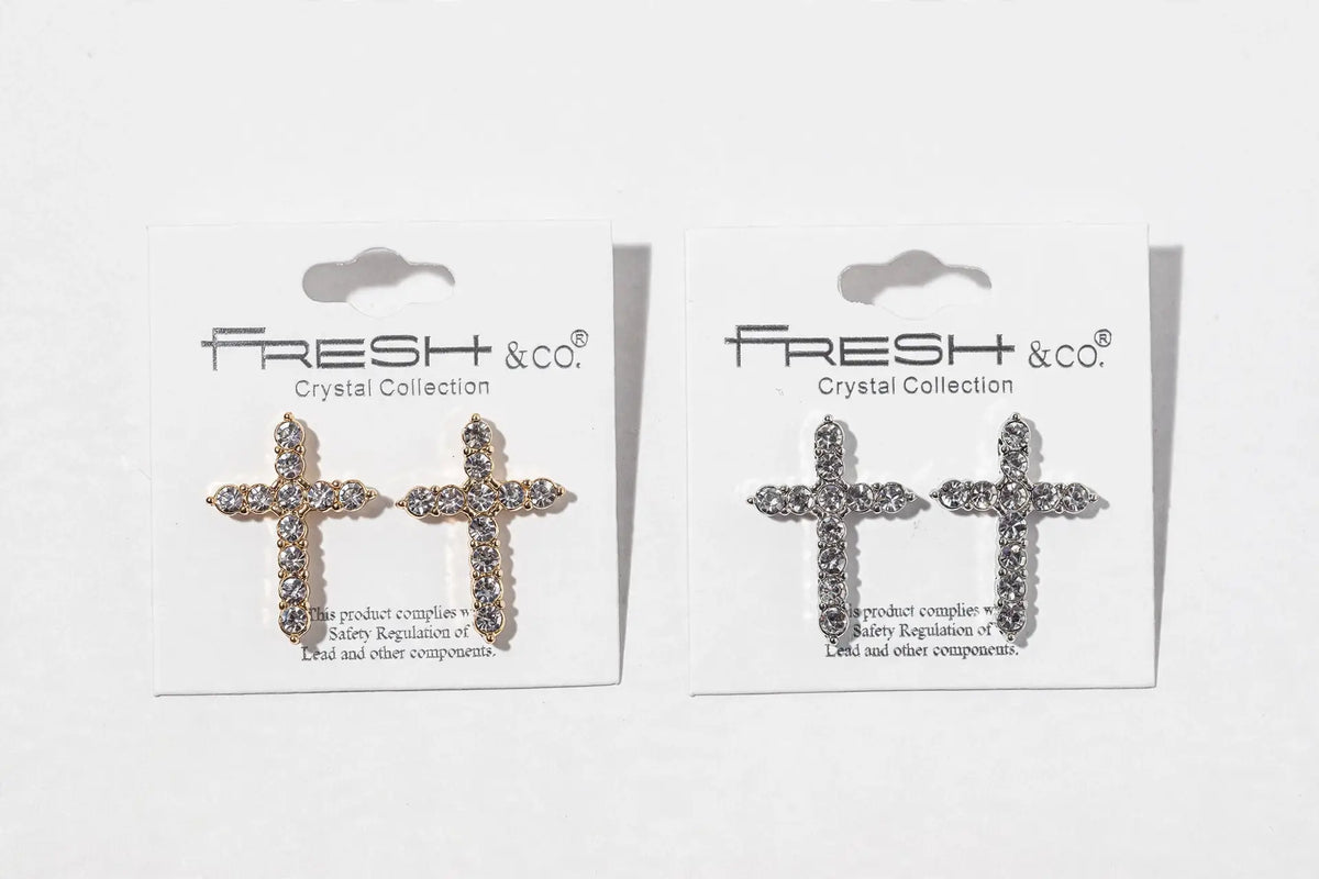 Big Crystal Cross Stud Earrings – Bold Round-Crystal Cross,