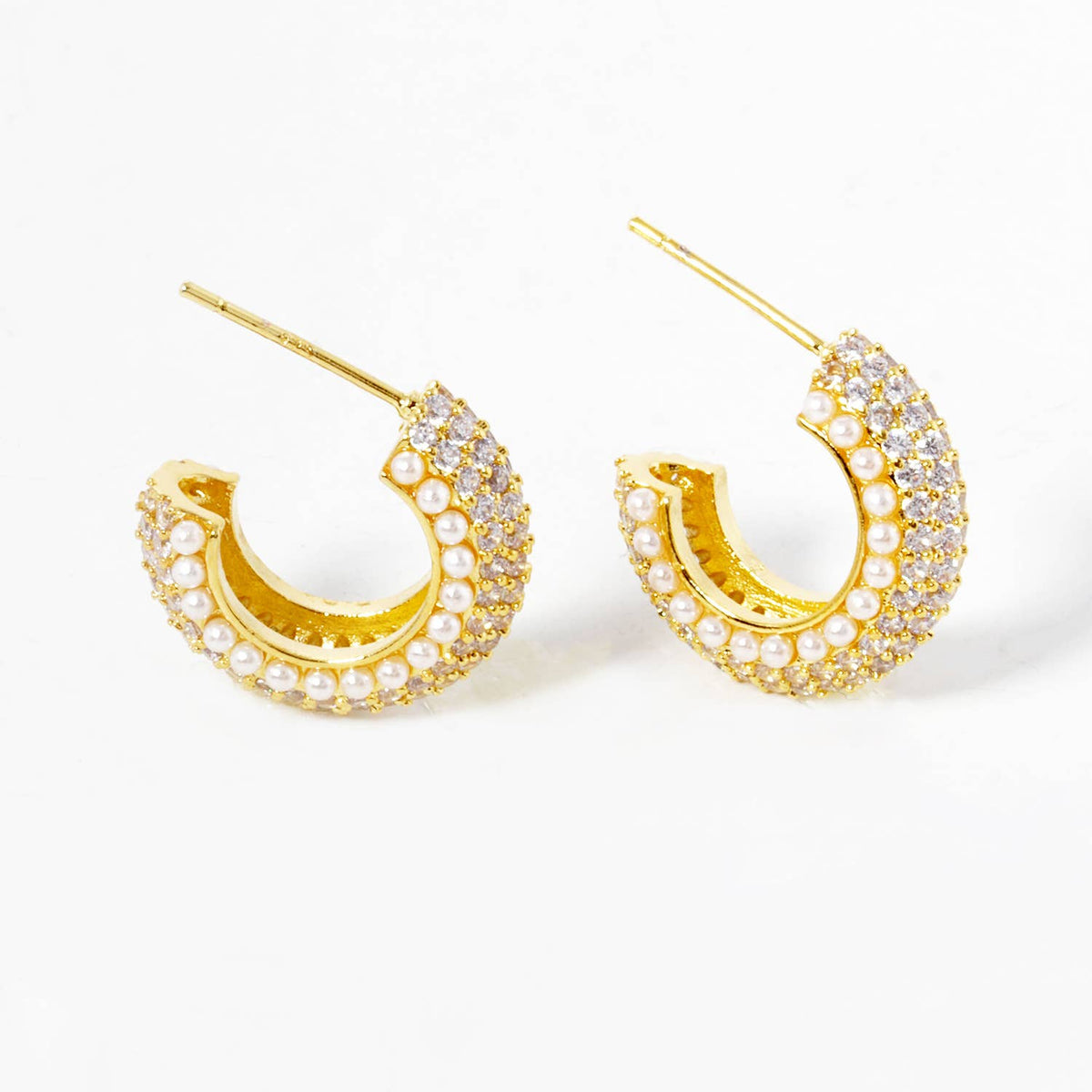 Cubic Zirconia & Pearl Chunky Huggie Hoop Earrings