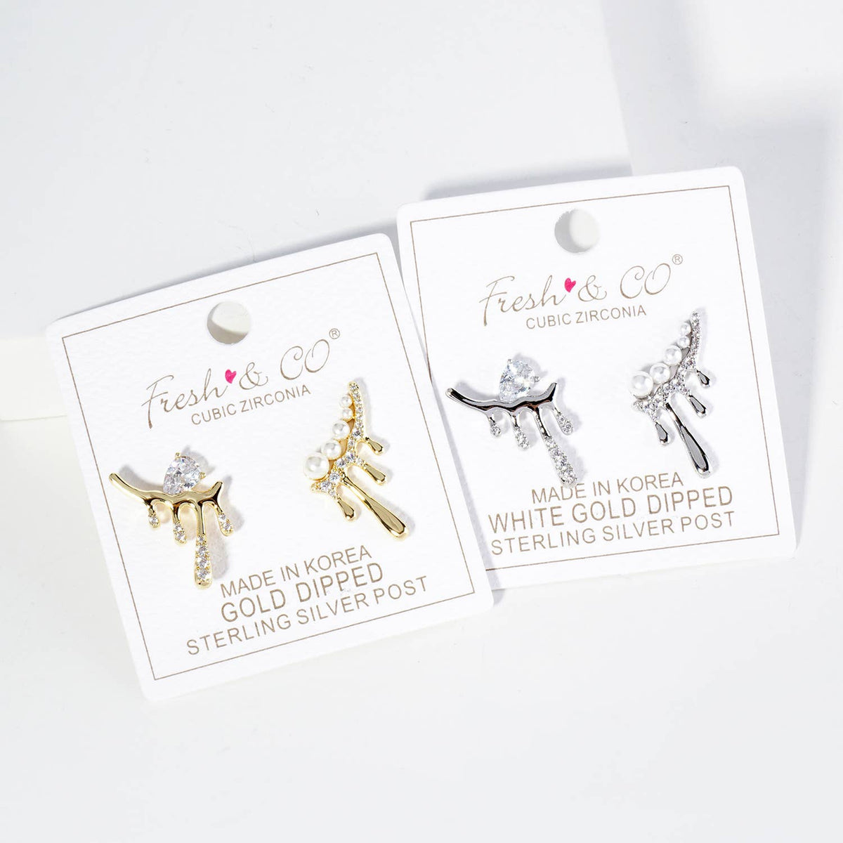 Melting CZ Glass Pearl Bar Asymmetrical Stud Earrings