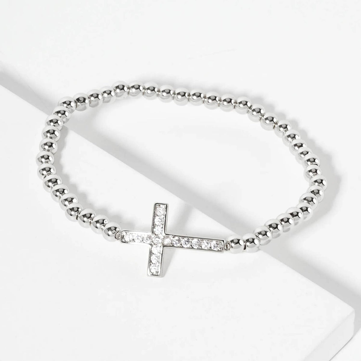 Elegant Beaded Sideways Pavé Cross Bracelet