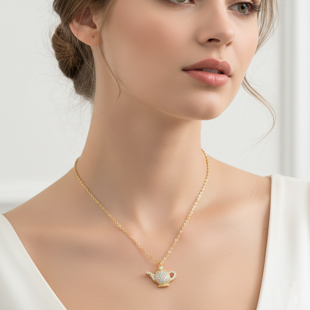 Dainty Teapot Pave CZ Pendant Necklace