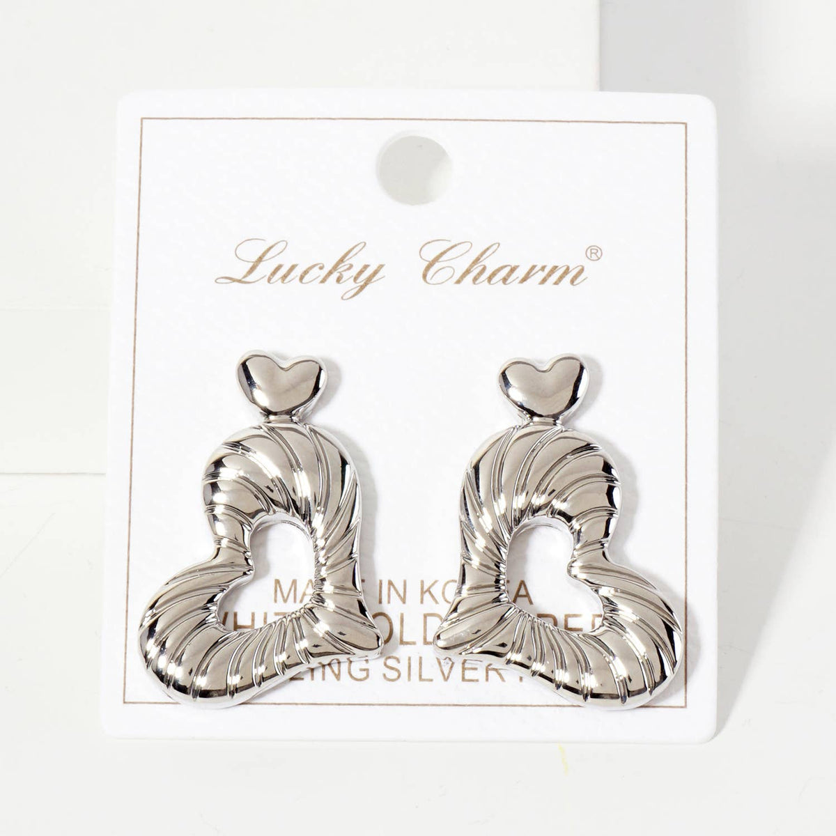 Polished Sideways Textured Heart Drop Brass Earrings