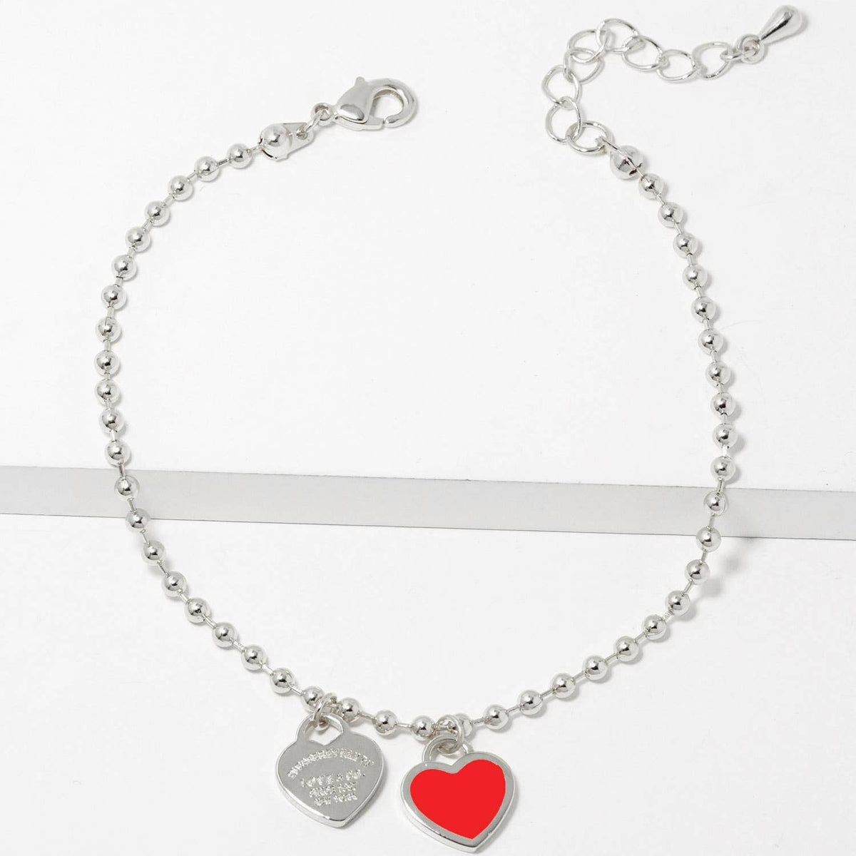 Double Heart Charm Bead Chain Bracelet - Gold & White Gold D