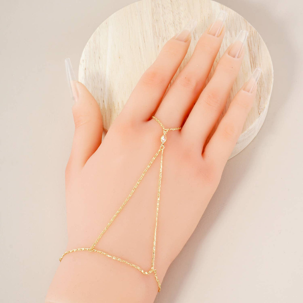 Marquise CZ-Stone Accent Brass Hand-Chain Bracelet