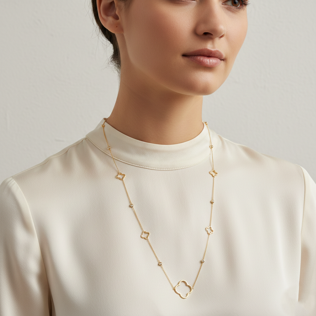 Delicate Quatrefoil Clover Statement Long Necklace
