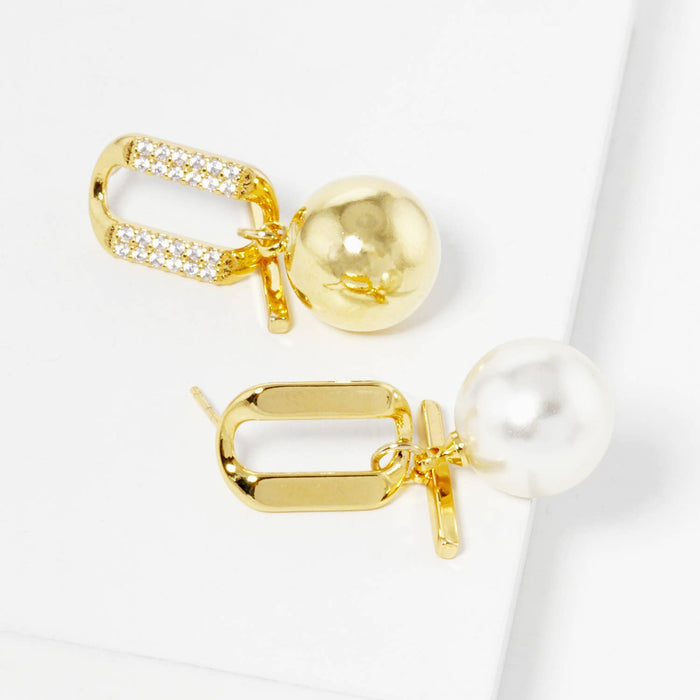 Dainty Pave Geometric Oval & Pearl Drop Earrings
