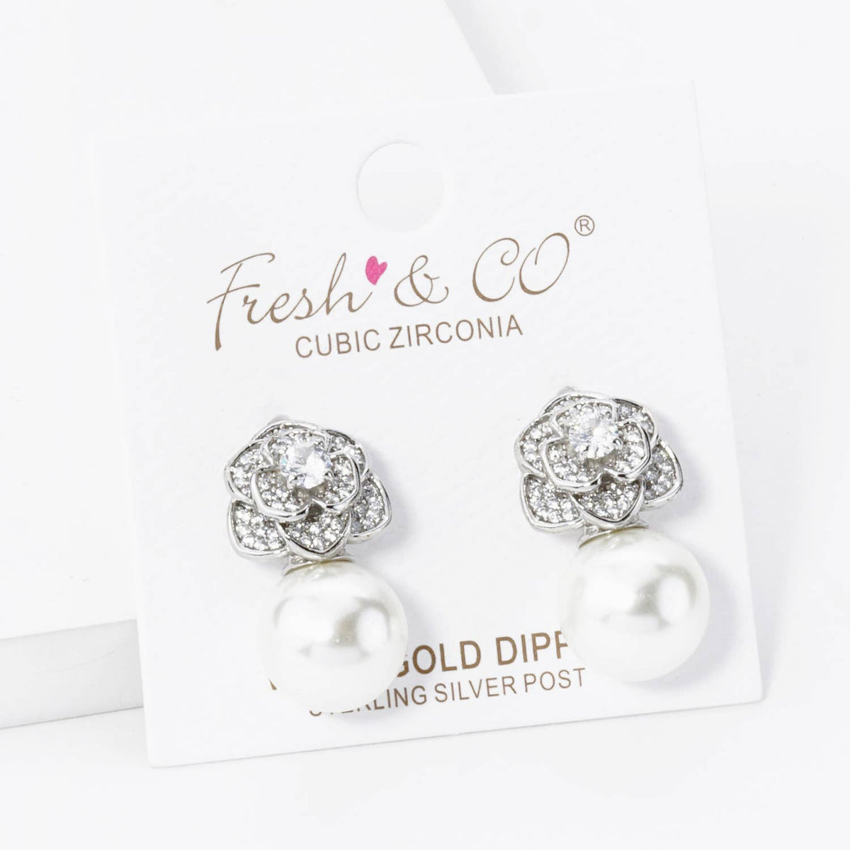 Cubic Zirconia Rose Flower with 11mm Pearl Post Earrings