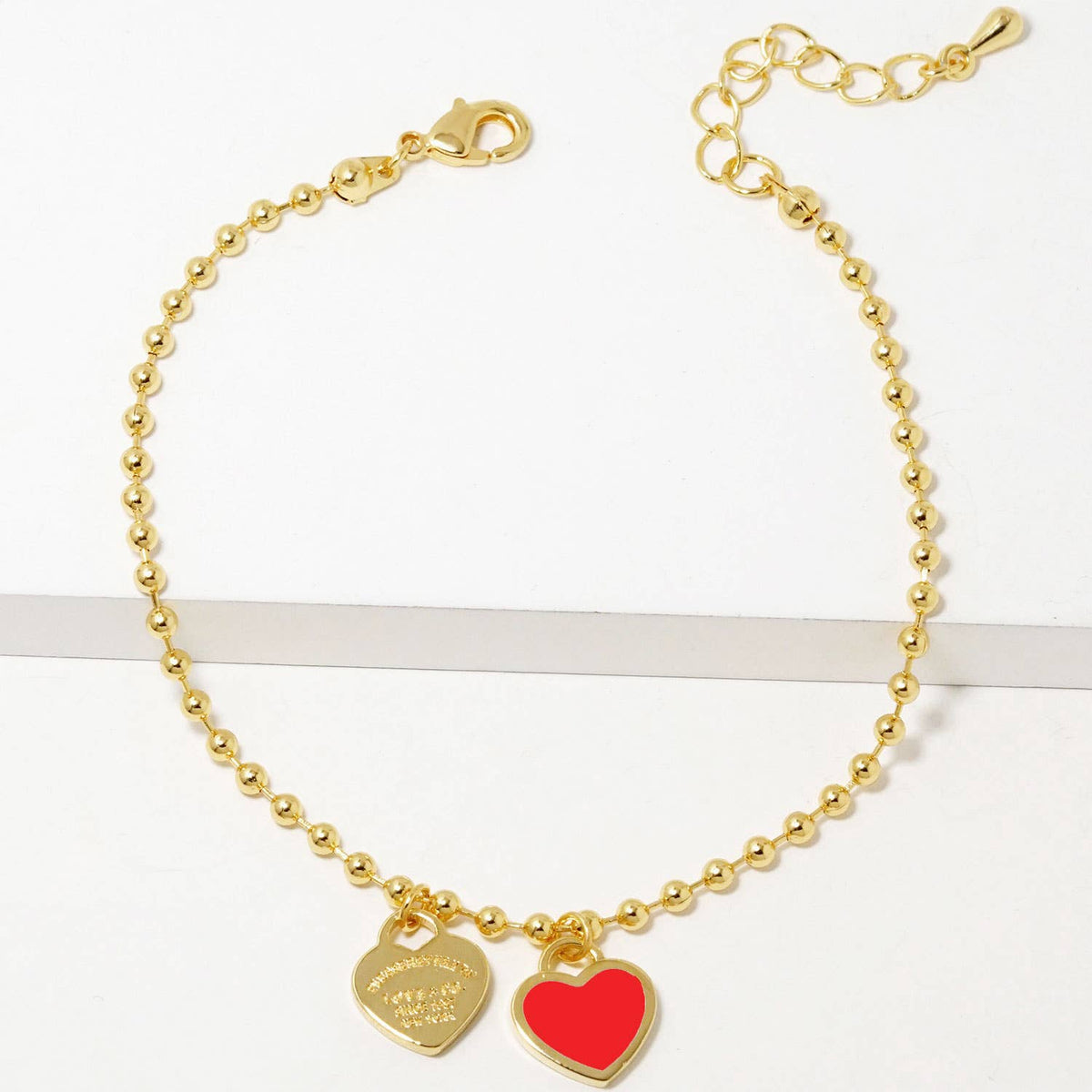 Double Heart Charm Bead Chain Bracelet - Gold & White Gold D