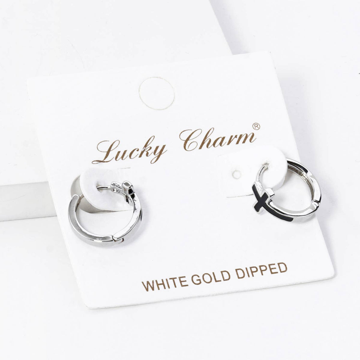 ENAMEL FILLED CROSS ACCENT 13MM HUGGIE HOOP EARRINGS
