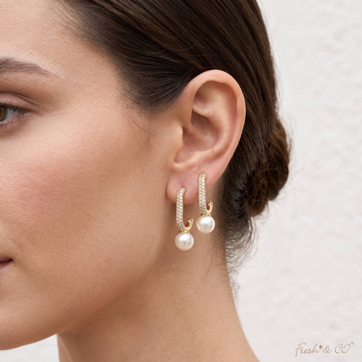 Cubic Zirconia Pave and Pearl Drop Hoop Earrings