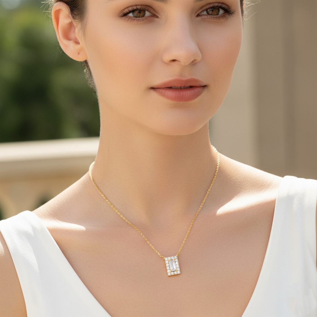 Classic Emerald-Cut Cubic Zirconia Halo Pendant Necklace