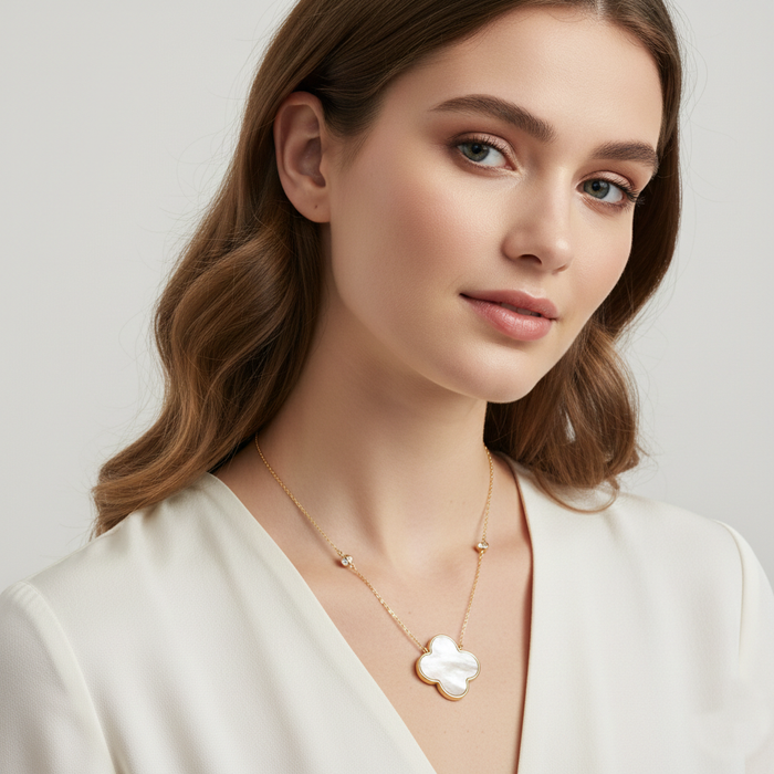 Quatrefoil Pendant CZ Stone Chain Necklace / 18K Gold Dipped