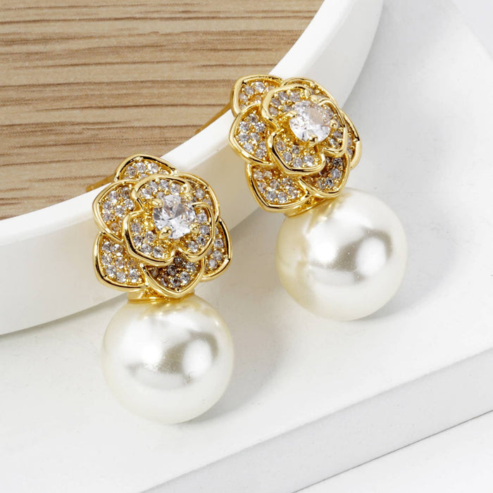 Cubic Zirconia Rose Flower with 11mm Pearl Post Earrings