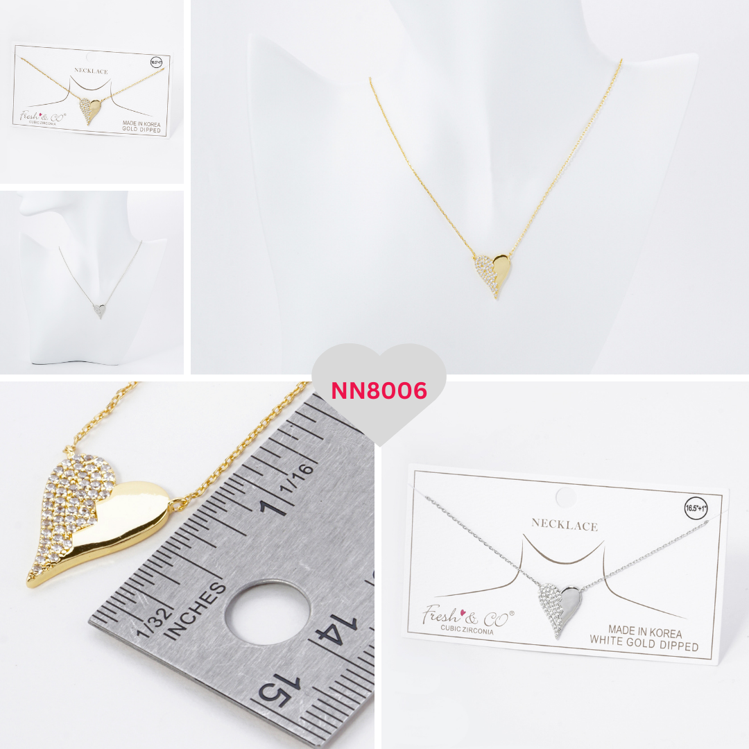 Heart Pendant Necklace / Half Cubic Zirconia Pave / 18K Gold