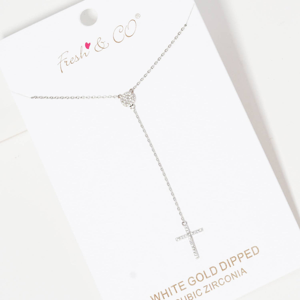 Dainty Pave Heart and Cross Lariat Necklace