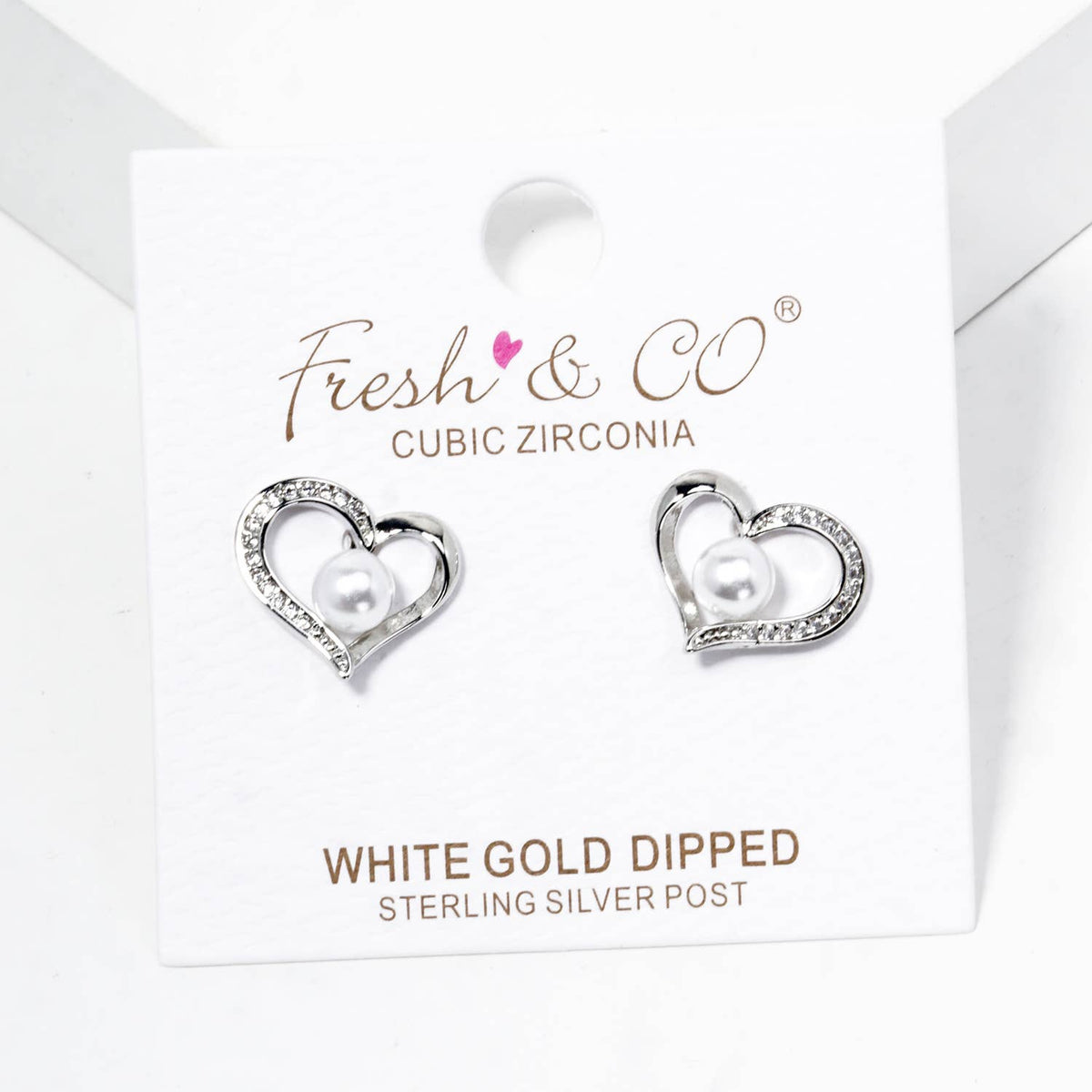 Cubic Zirconia Pave Open Heart Pearl Stud Earrings