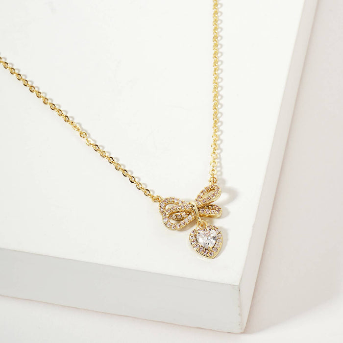 Heart CZ Drop Bow Pendant 18K-Gold-Dipped Brass Necklace