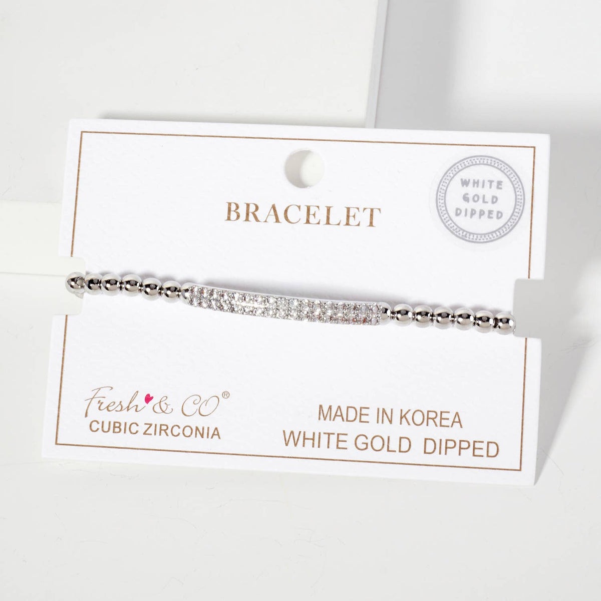 Beaded Stretch with CZ Pave-Set Curved Bar Accent Bracelet