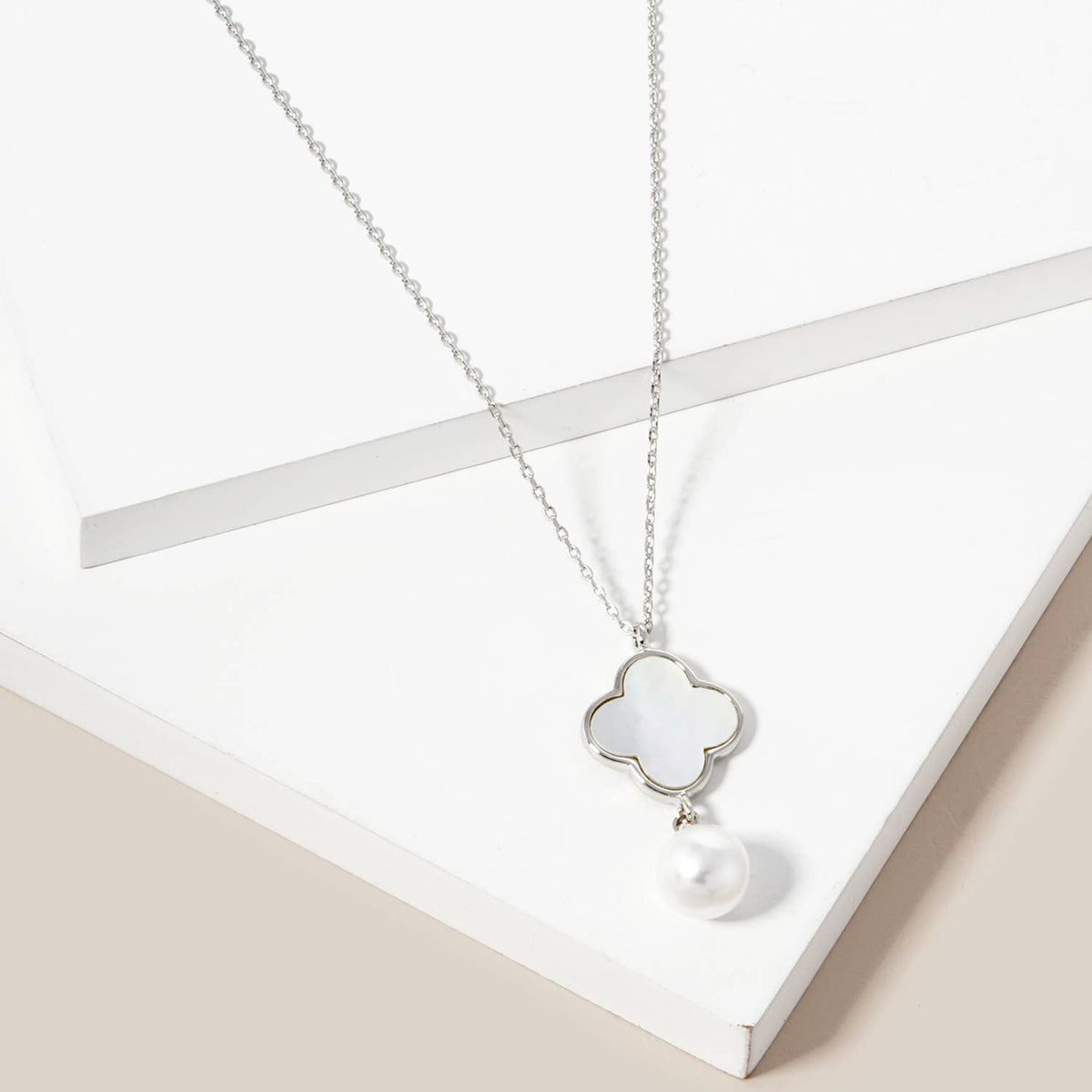 Clover Inlay & Pearl Drop Charm Necklace