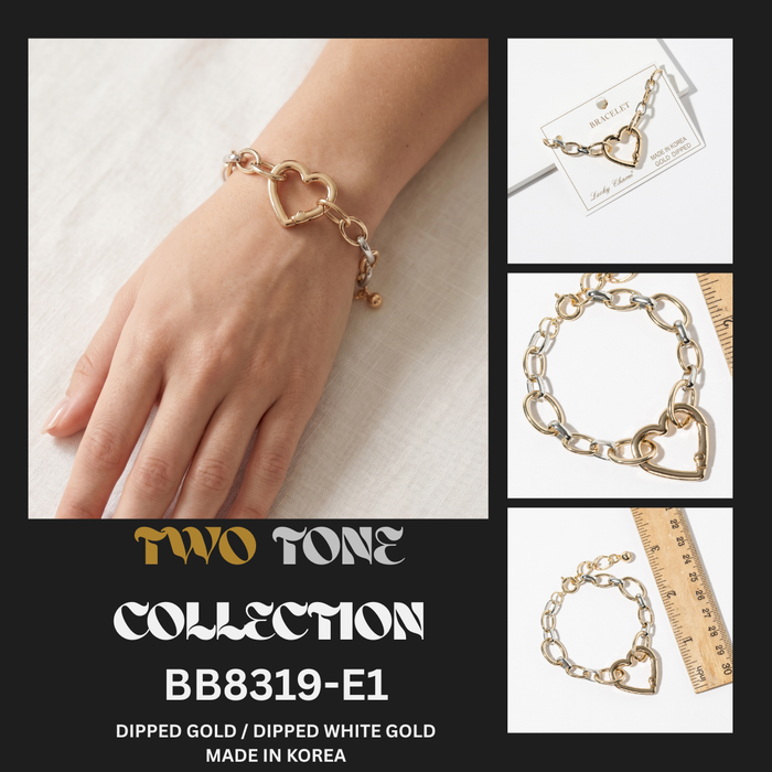 Two-Tone Gold Dipped Heart Clasp Link Bracelet