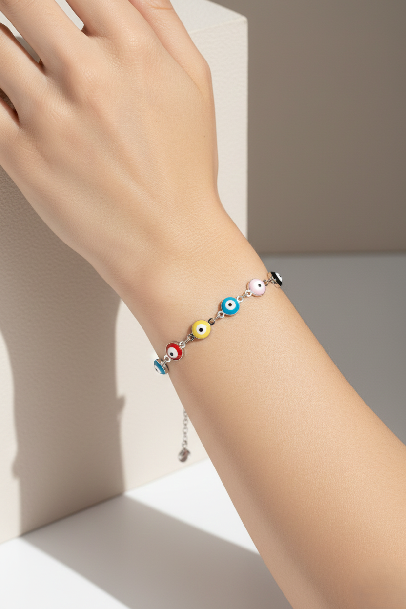 Multi-Color Enamel Evil Eye Chain Bracelet