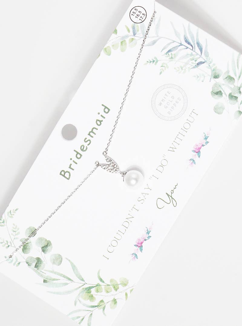 V-Shape Pavé Accent and Pearl Drop Bridesmaid Necklace