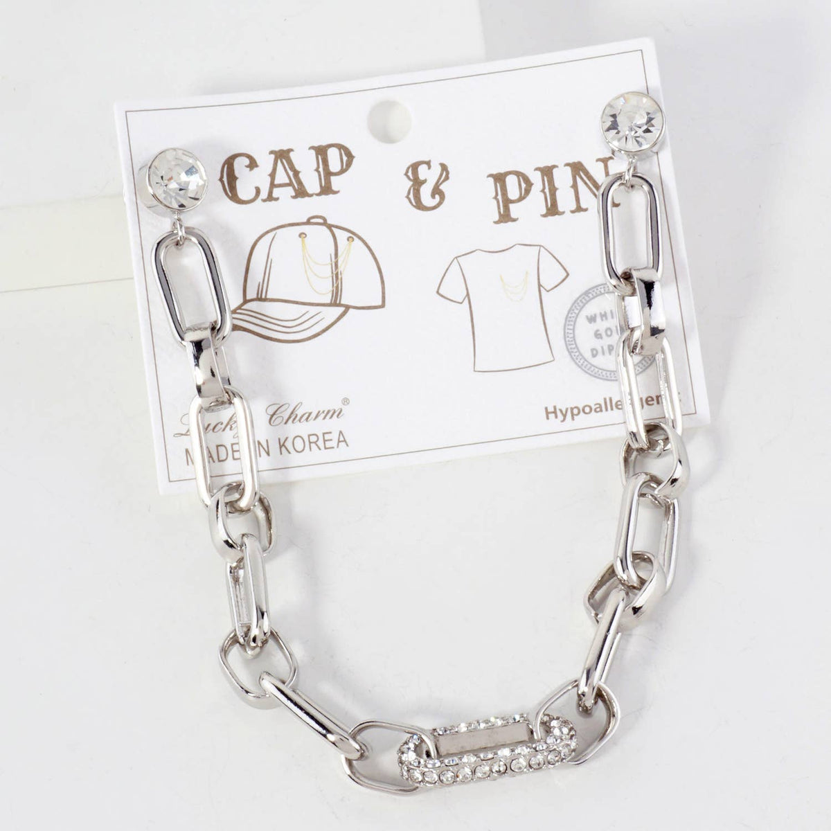 Chunky Link Hat & Collar Pin Chain with Crystal Accents