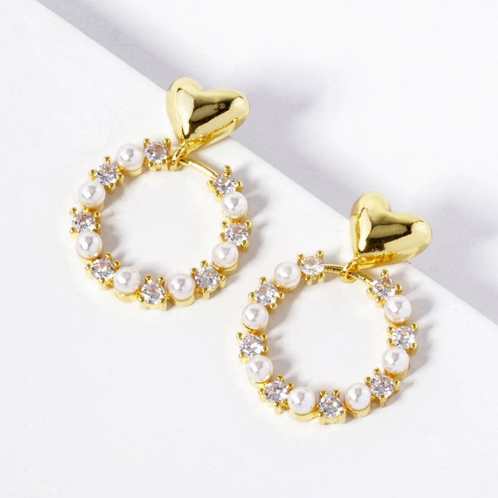 Heart and Pearl Pave Hoop Earrings