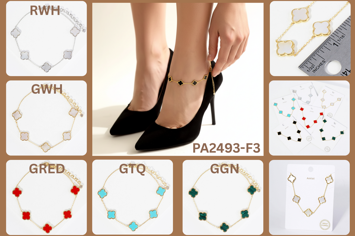 18K Gold Dipped 12mm Five Quatrefoil Brass Chain Anklet.