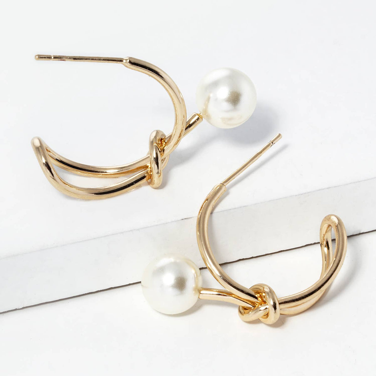 Golden Knot & Pearl Accent Hoop Earrings