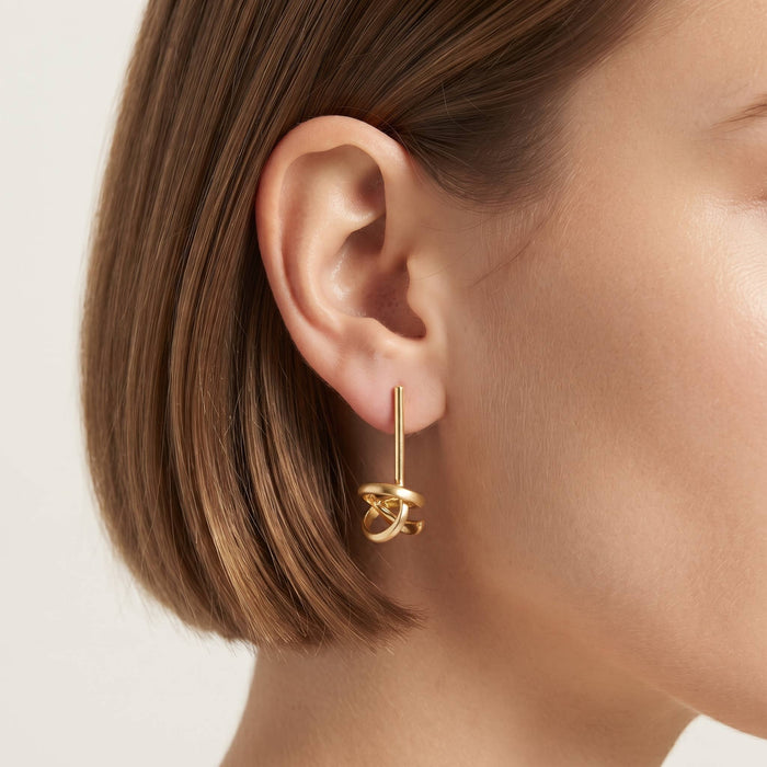Modern Interlocking Knot Drop Earrings with Linear Bar Post