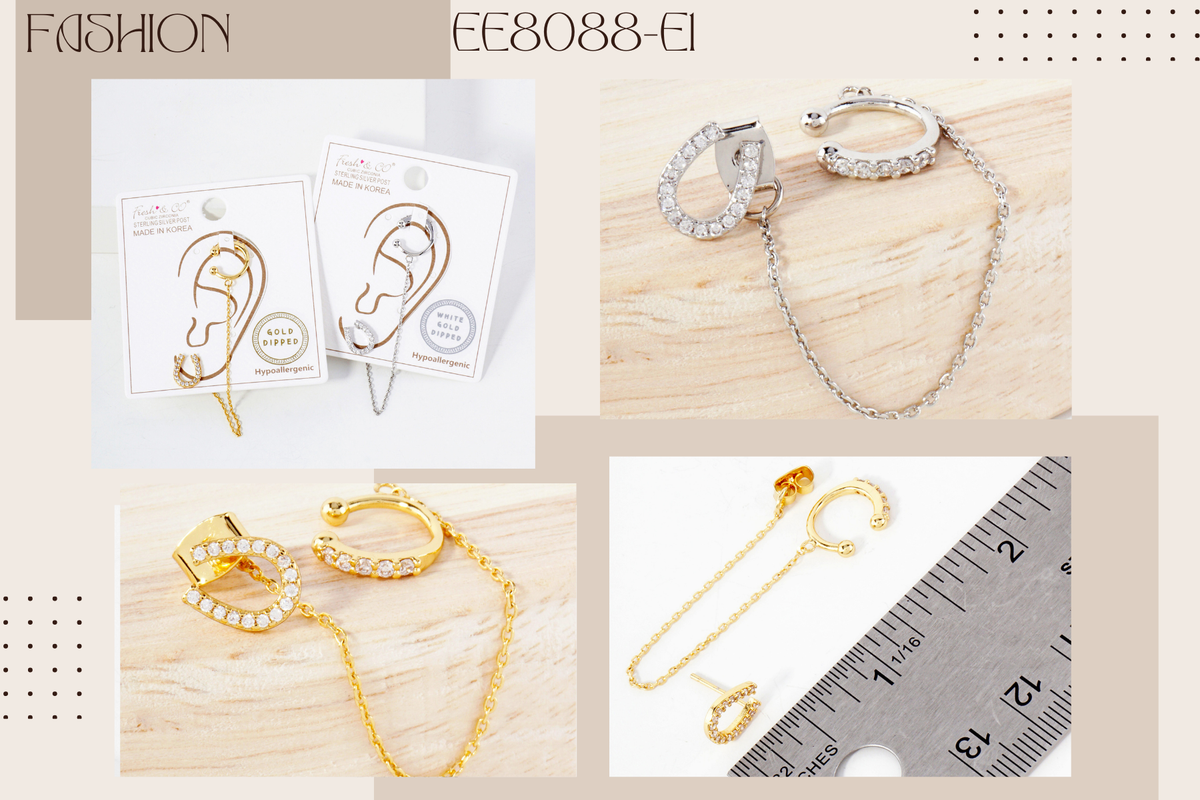 Horseshoe Stud and Ear Cuff Drape Chain Earring Set