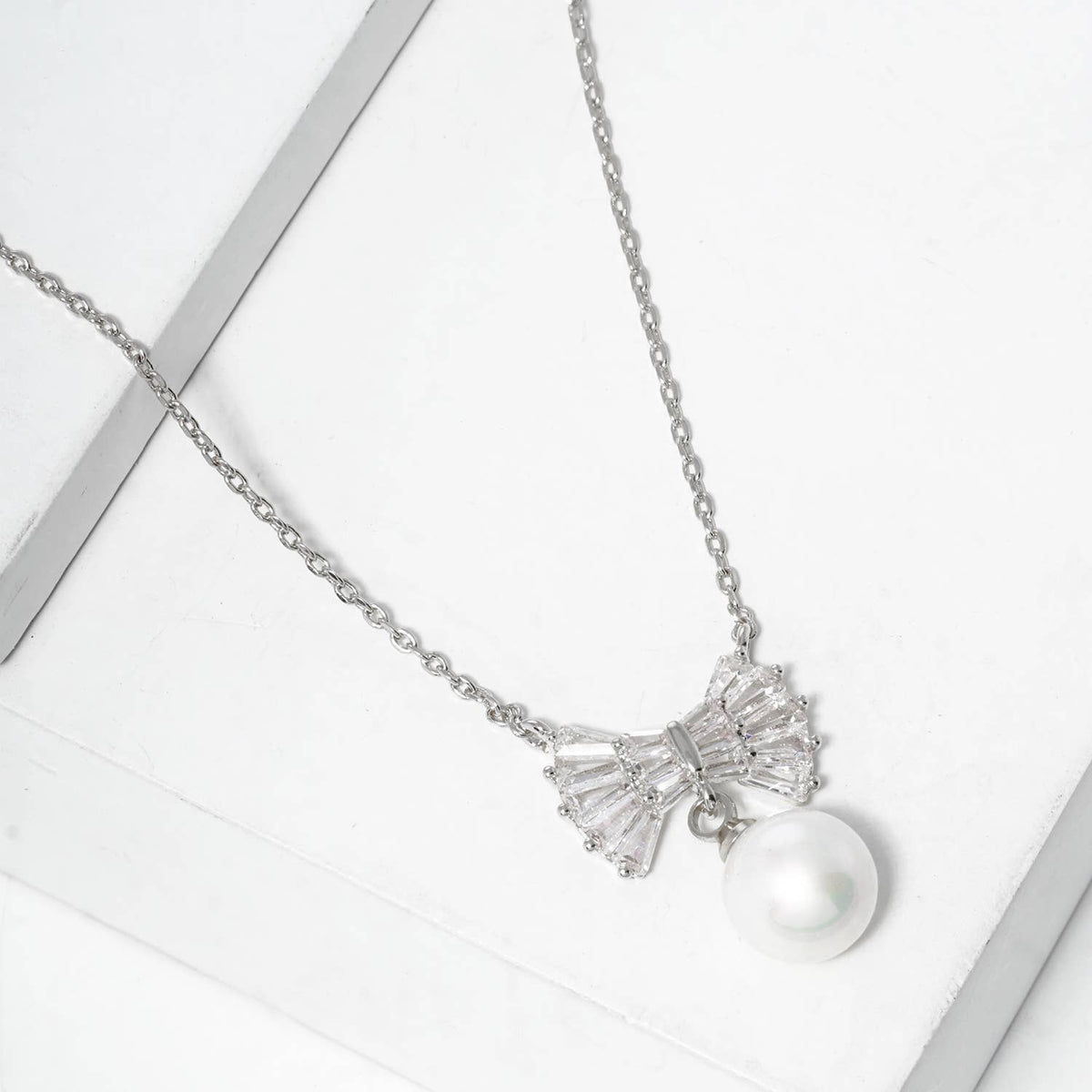 Cubic Zirconia Bow and Pearl Drop Pendant Necklace