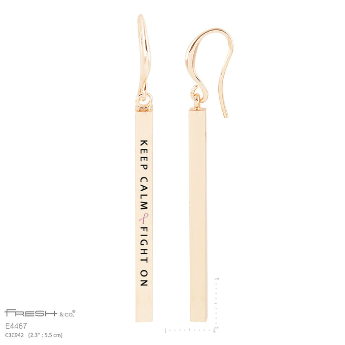 Keep Calm & Fight On Engraved Bar Dangle Earrings