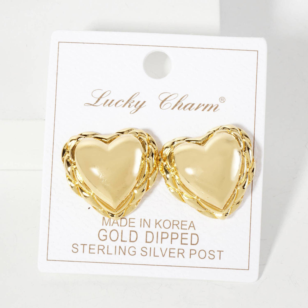Polished Brass Textured Puffy Heart Stud Earrings