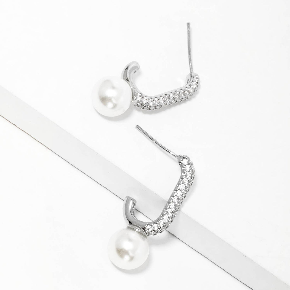 Cubic Zirconia Pave and Pearl Drop Hoop Earrings