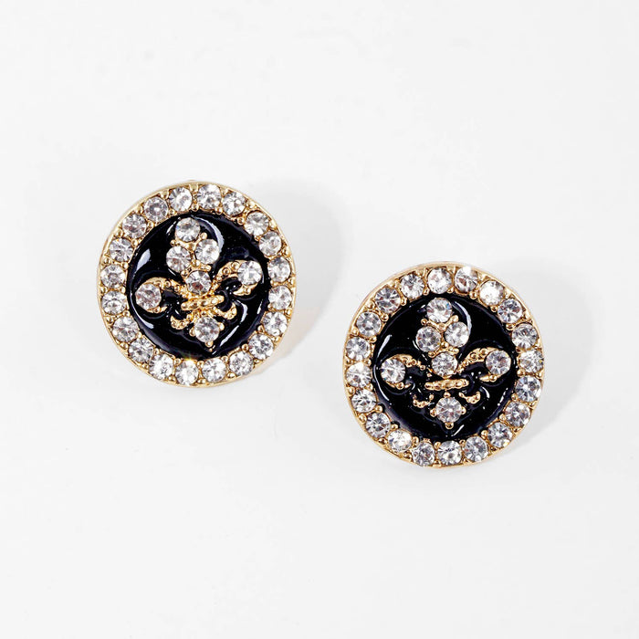 Gold Plated Cubic Round Fleur De Lis Stud Earrings
