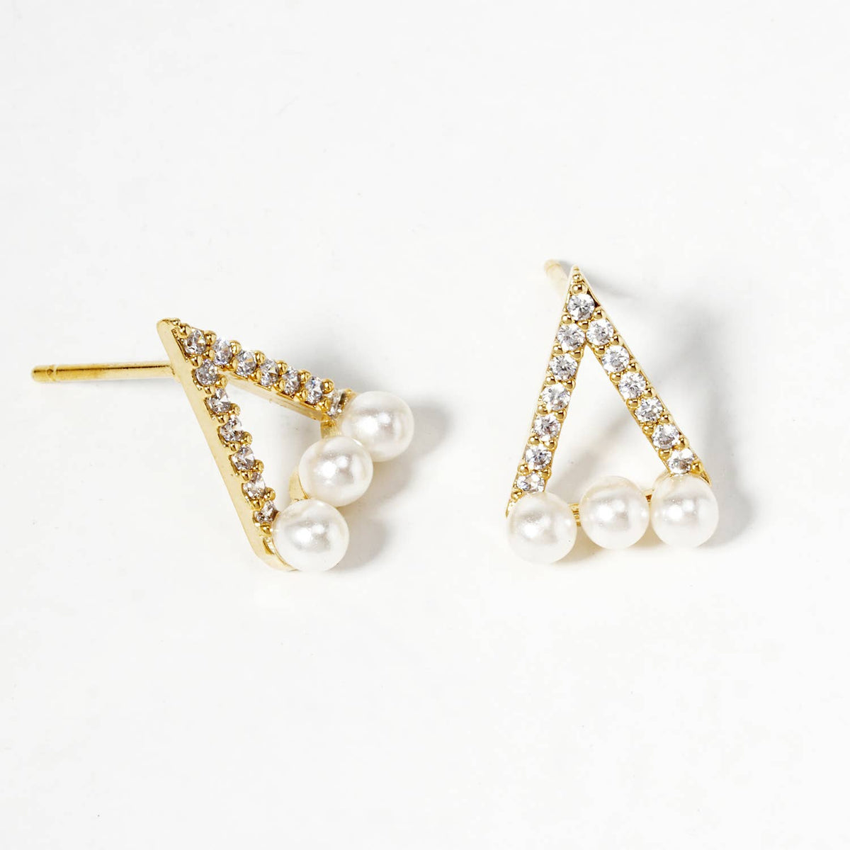 18K Gold Dipped Pearl CZ Pave Dainty Triangle Stud Earrings