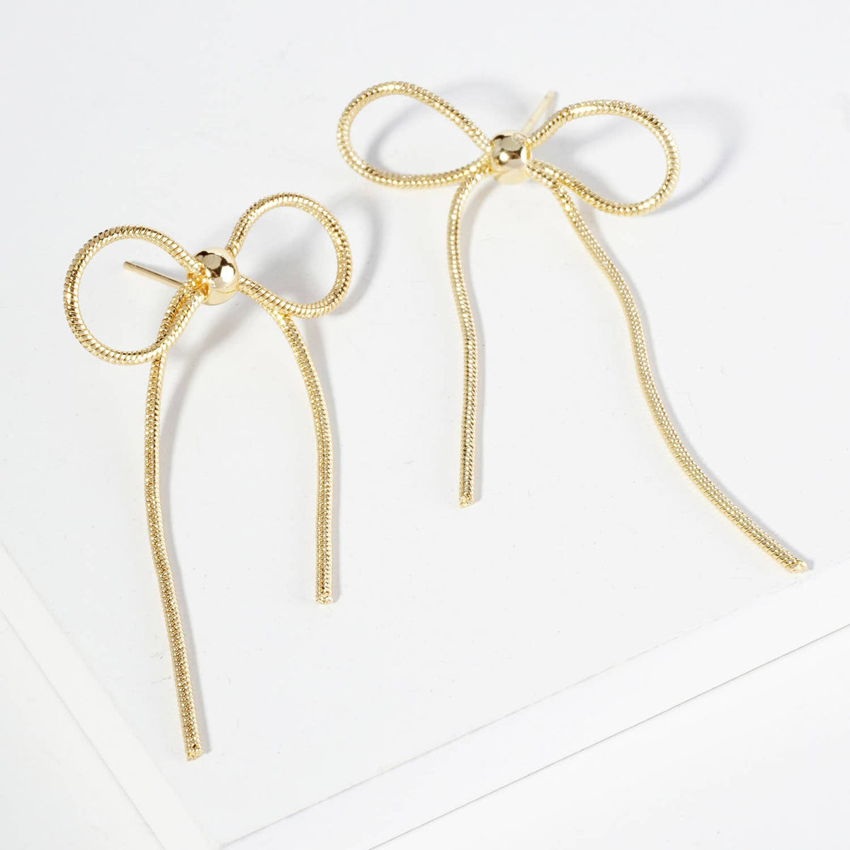 Snake Chain Ribbon Bow Drop Post Earrings / 18K Gold Dipped