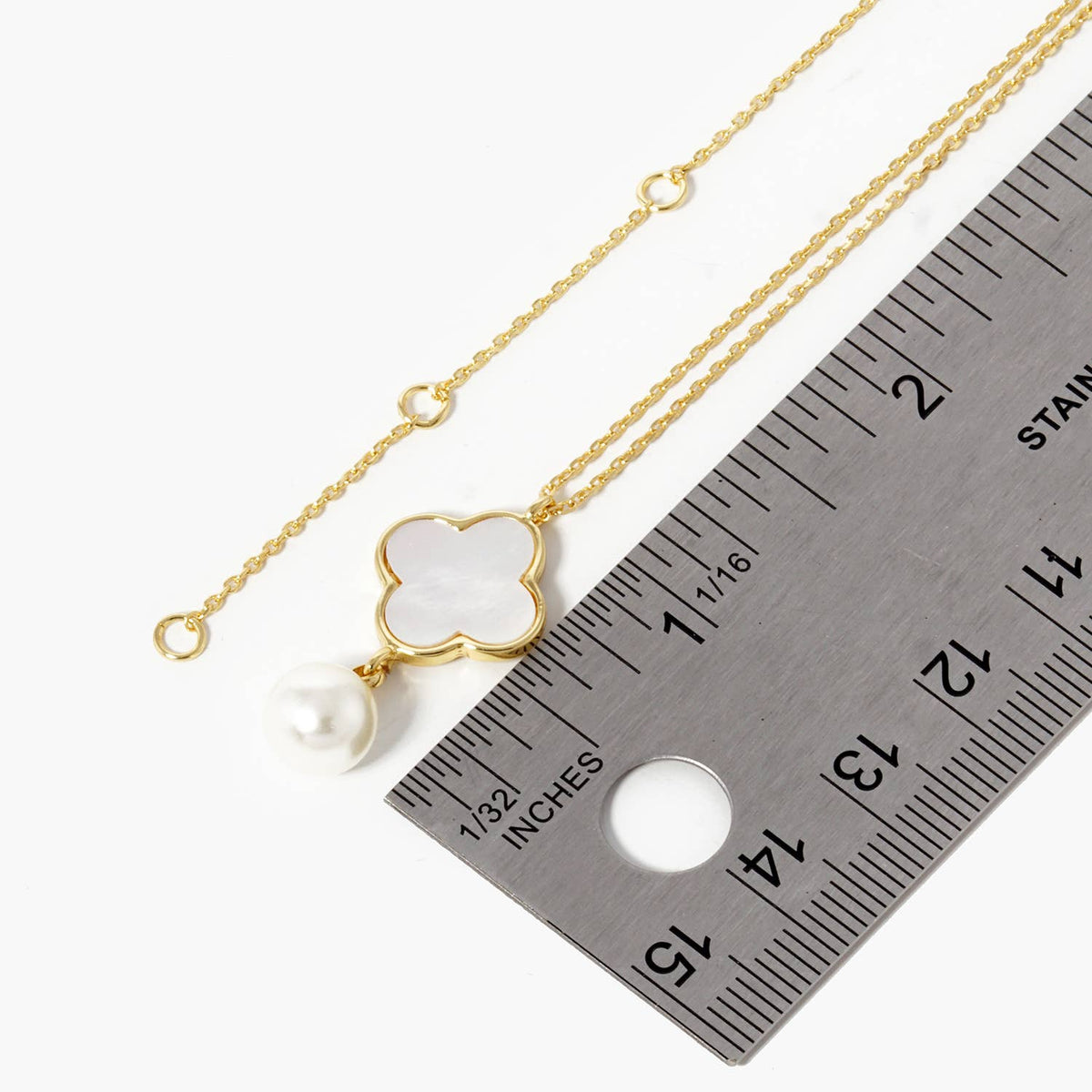 Clover Inlay & Pearl Drop Charm Necklace
