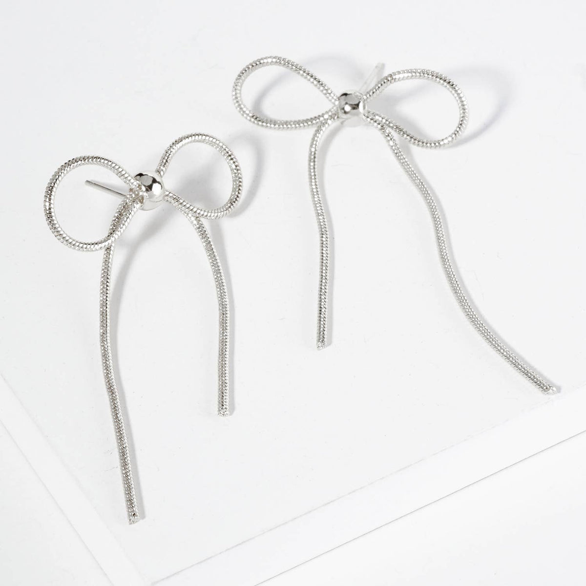 Snake Chain Ribbon Bow Drop Post Earrings / 18K Gold Dipped