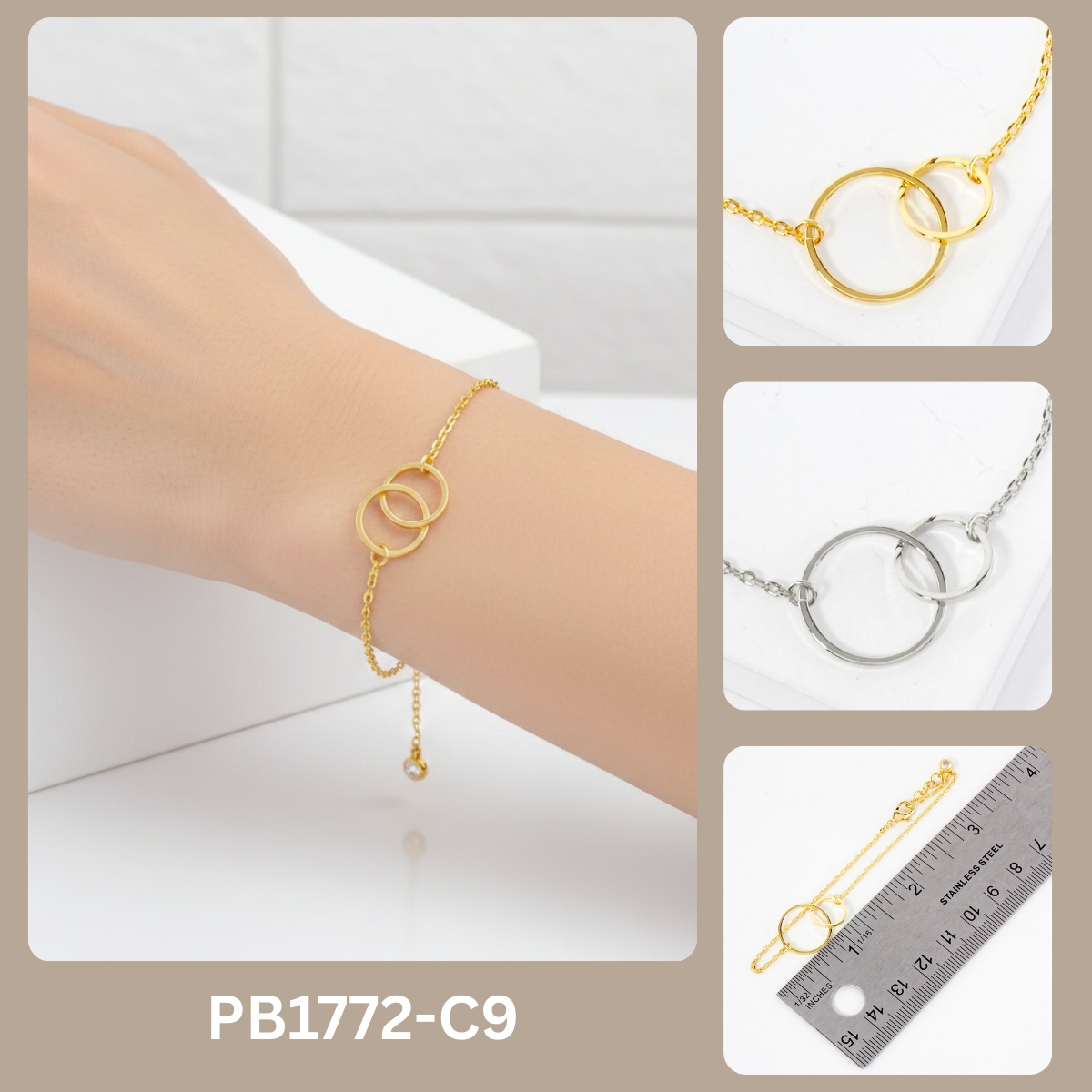 Polished Brass Interlocking-Circle Chain Bracelet