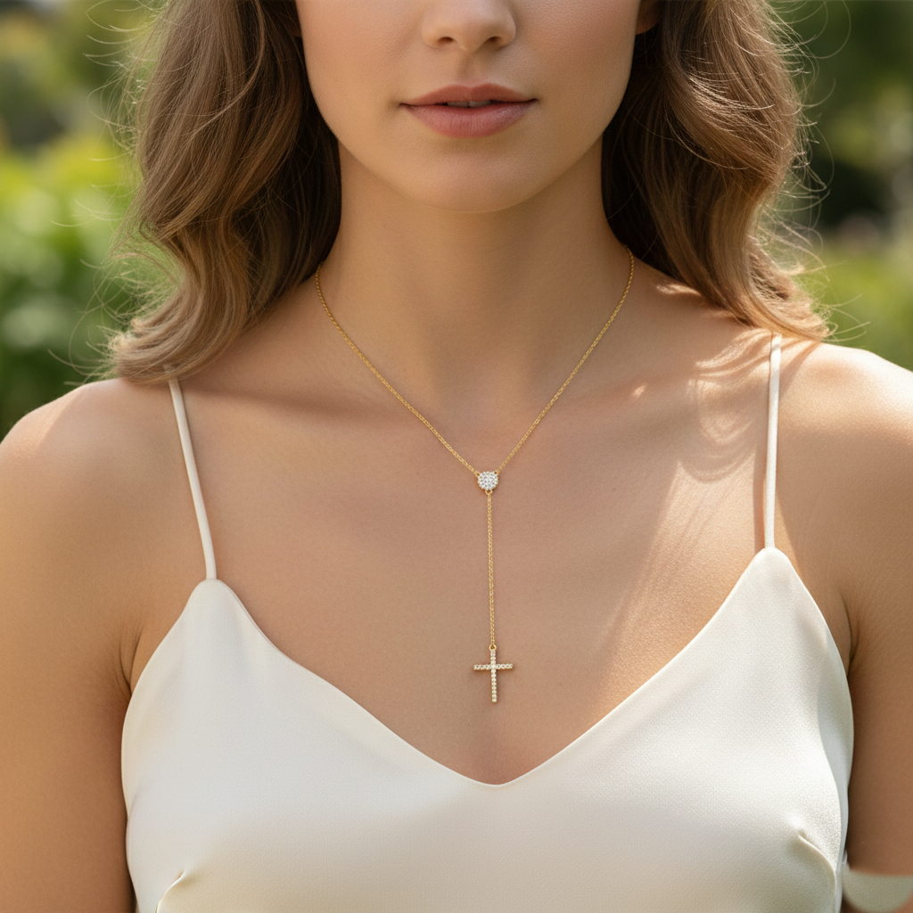Dainty Pave Heart and Cross Lariat Necklace