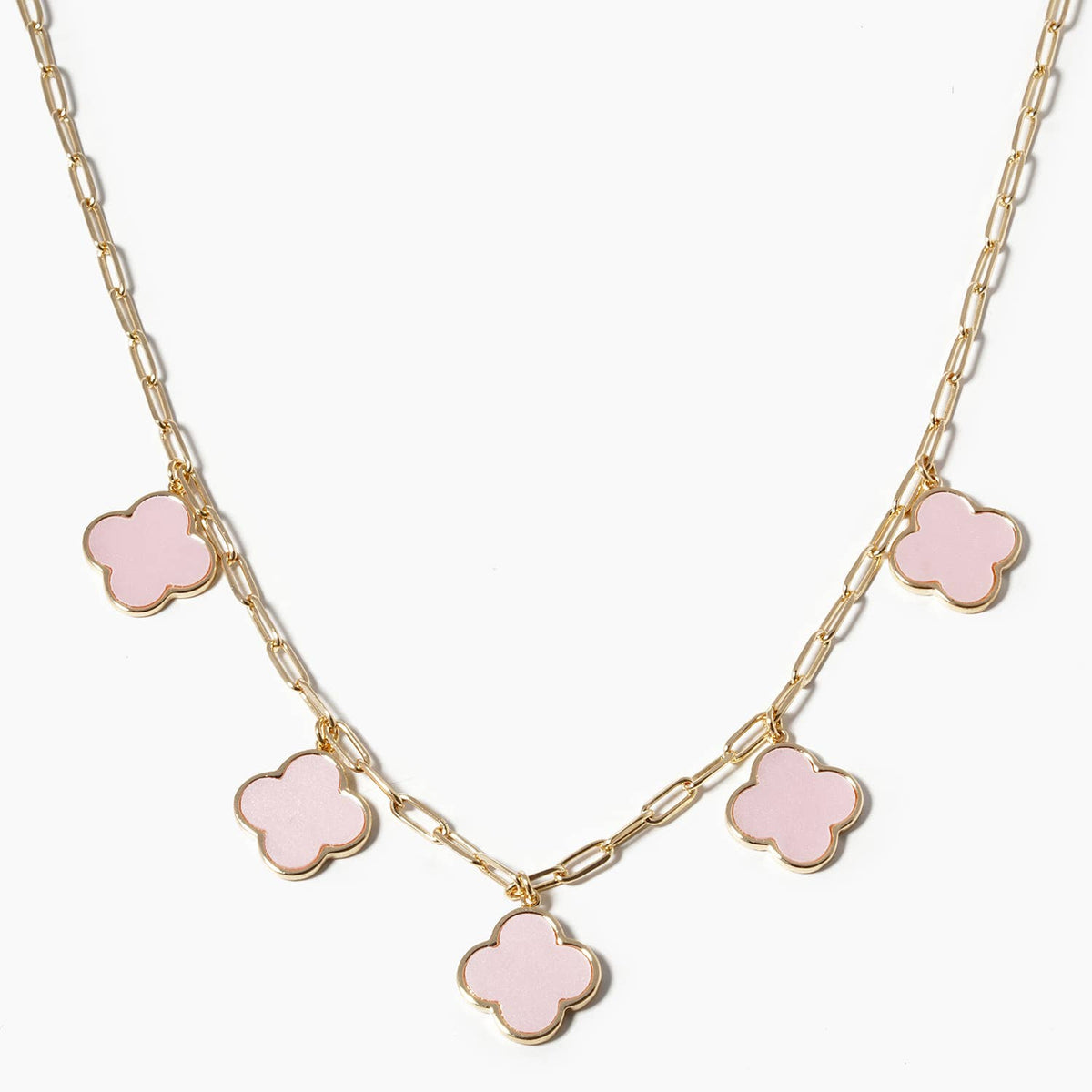 5-Clover Charm Paperclip Link Station Necklace