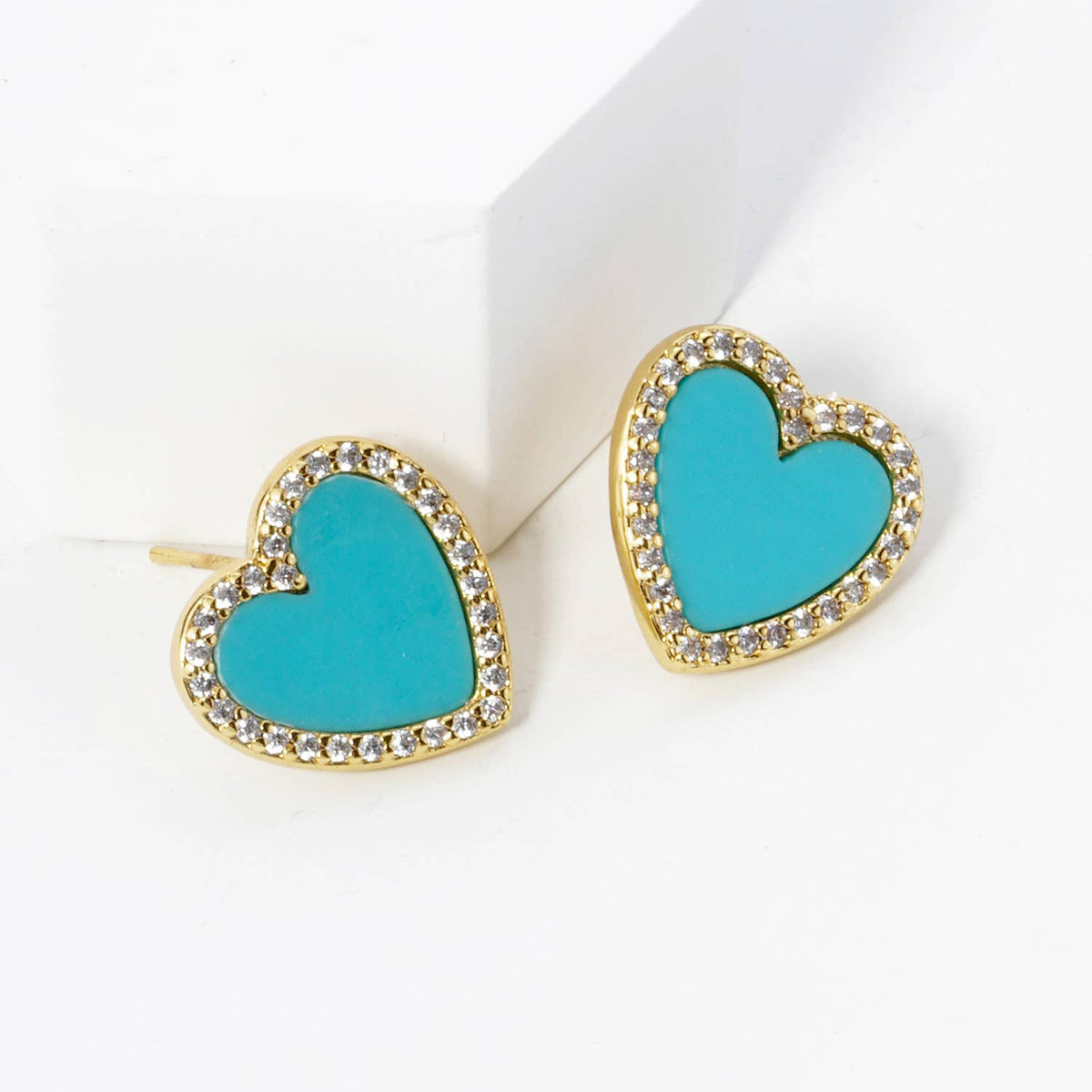 18K Gold Dipped 13mm Pave Set Cubic Zirconia Heart Stud.