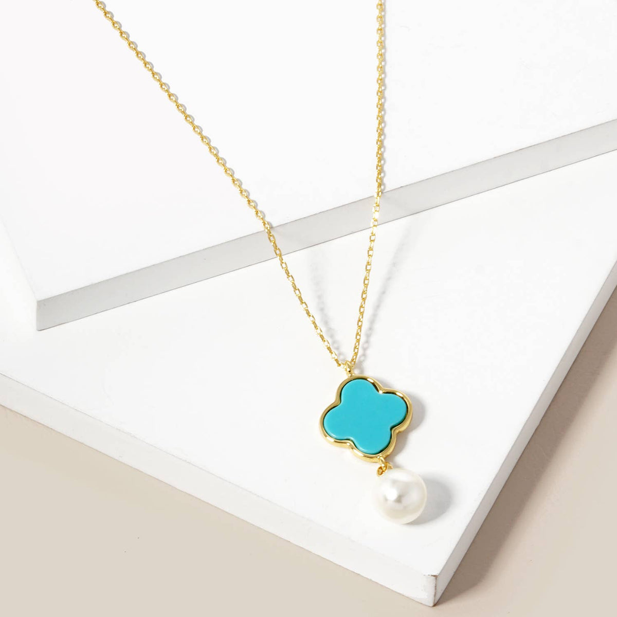 Clover Inlay & Pearl Drop Charm Necklace