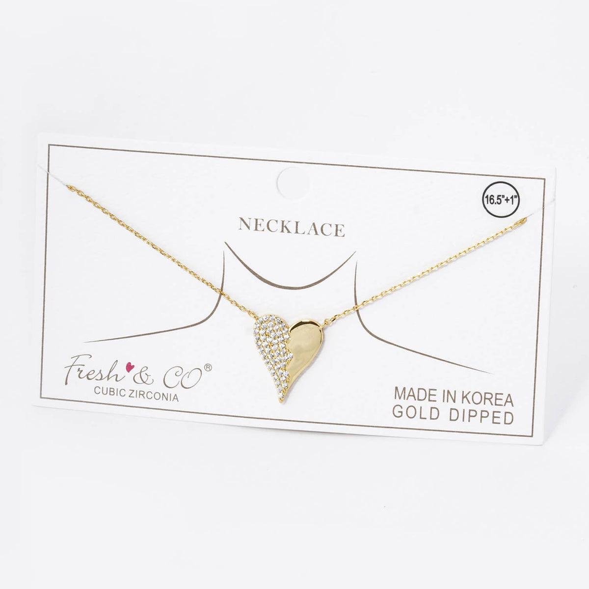 Heart Pendant Necklace / Half Cubic Zirconia Pave / 18K Gold