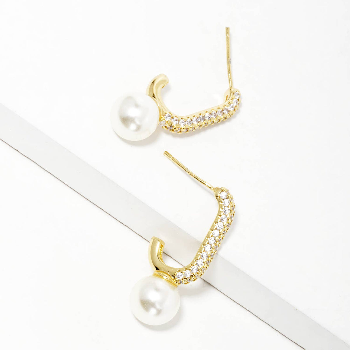 Cubic Zirconia Pave and Pearl Drop Hoop Earrings