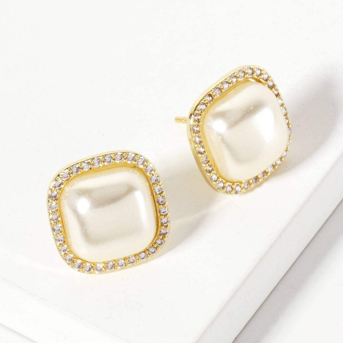Square-Shaped Pearl with Pave-Set Stud Earrings